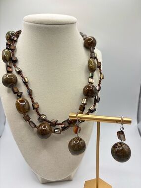 Handcrafted Brown Ceramic Bead Necklace and Earrings Set